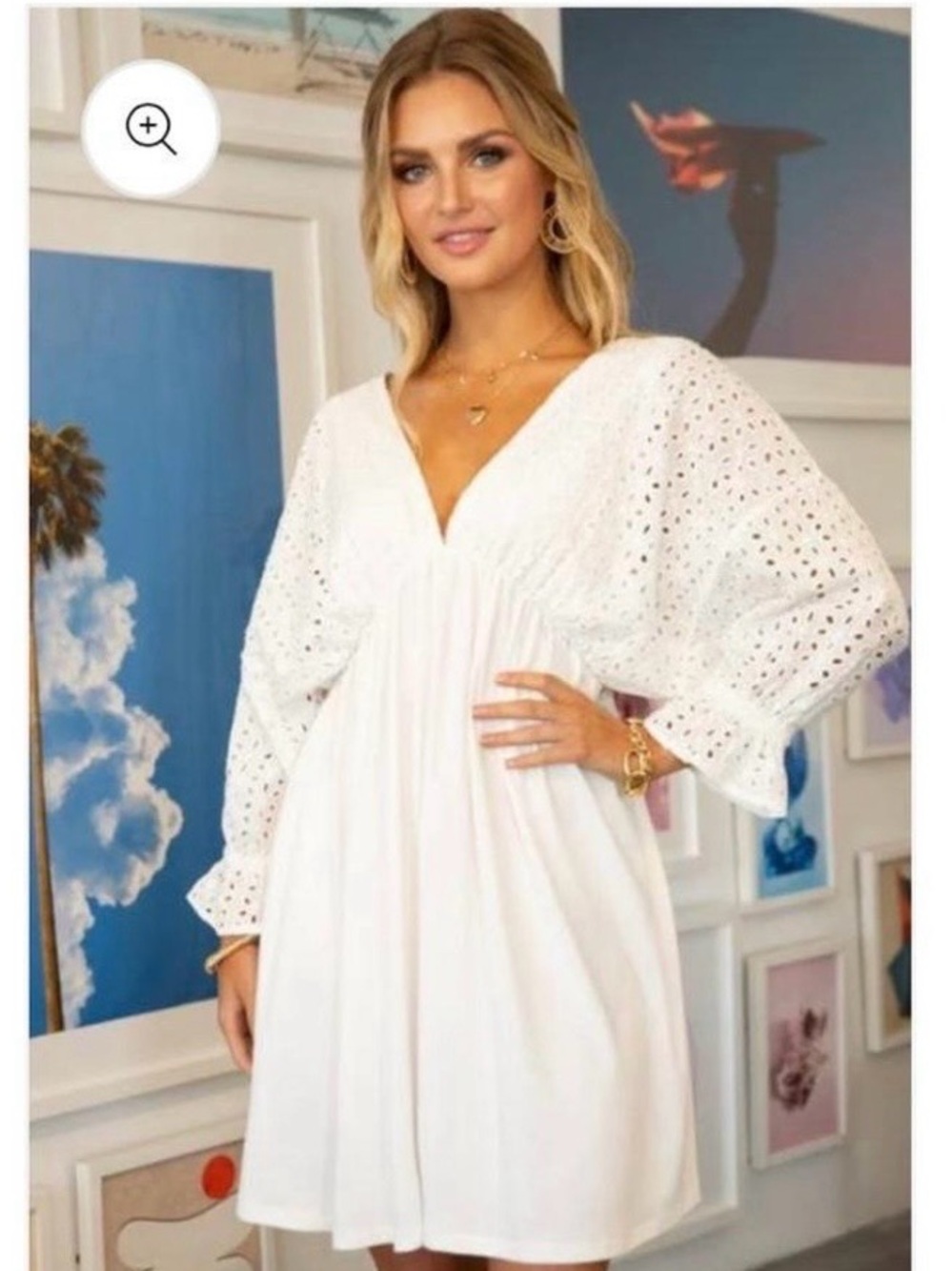 Ninexis White Eyelet & Jersey Deep V Mini Dress